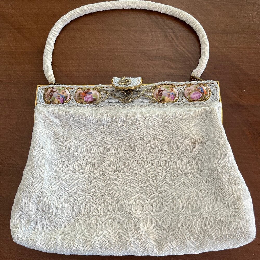 Vintage Handmade French Beaded Handbag with Limoges Porcelain Accents